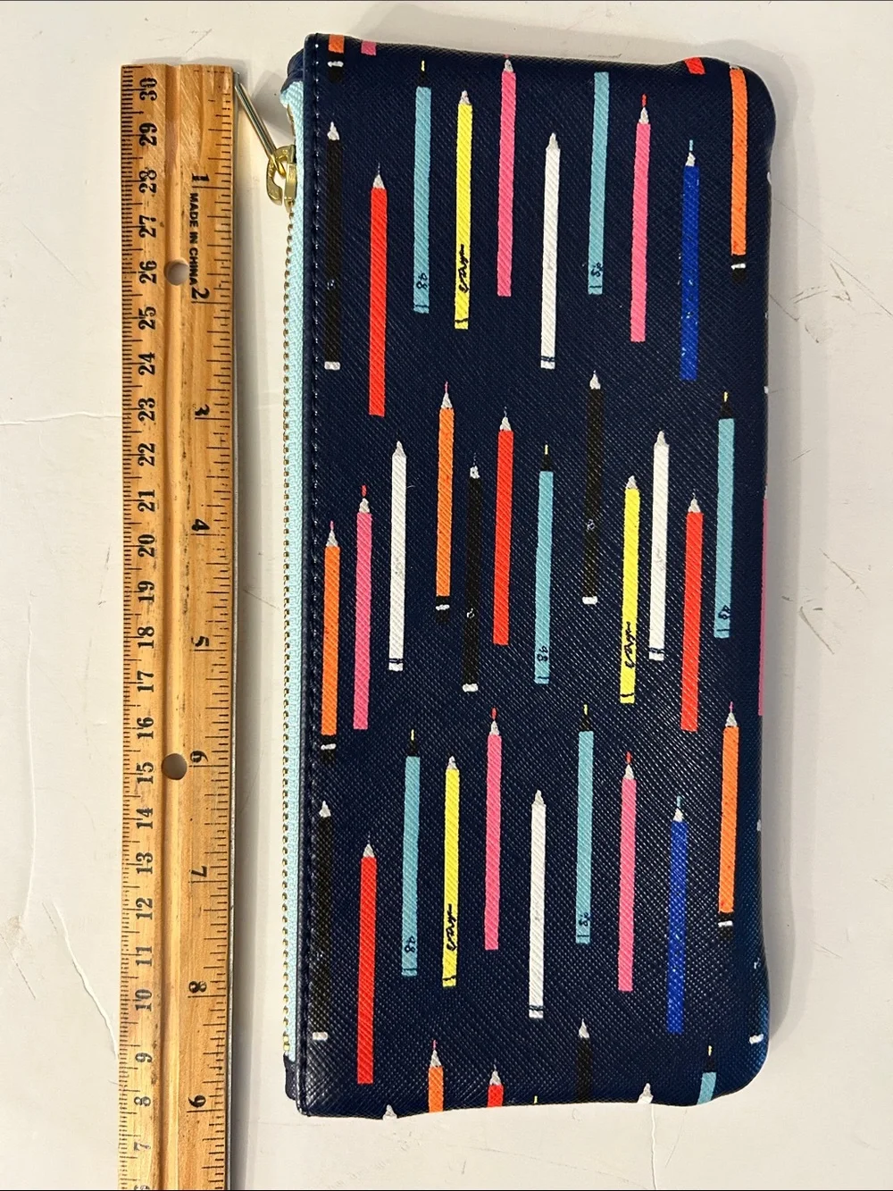 Anthropologie Navy Pencil Print Zip Pouch with Multicolor Accents